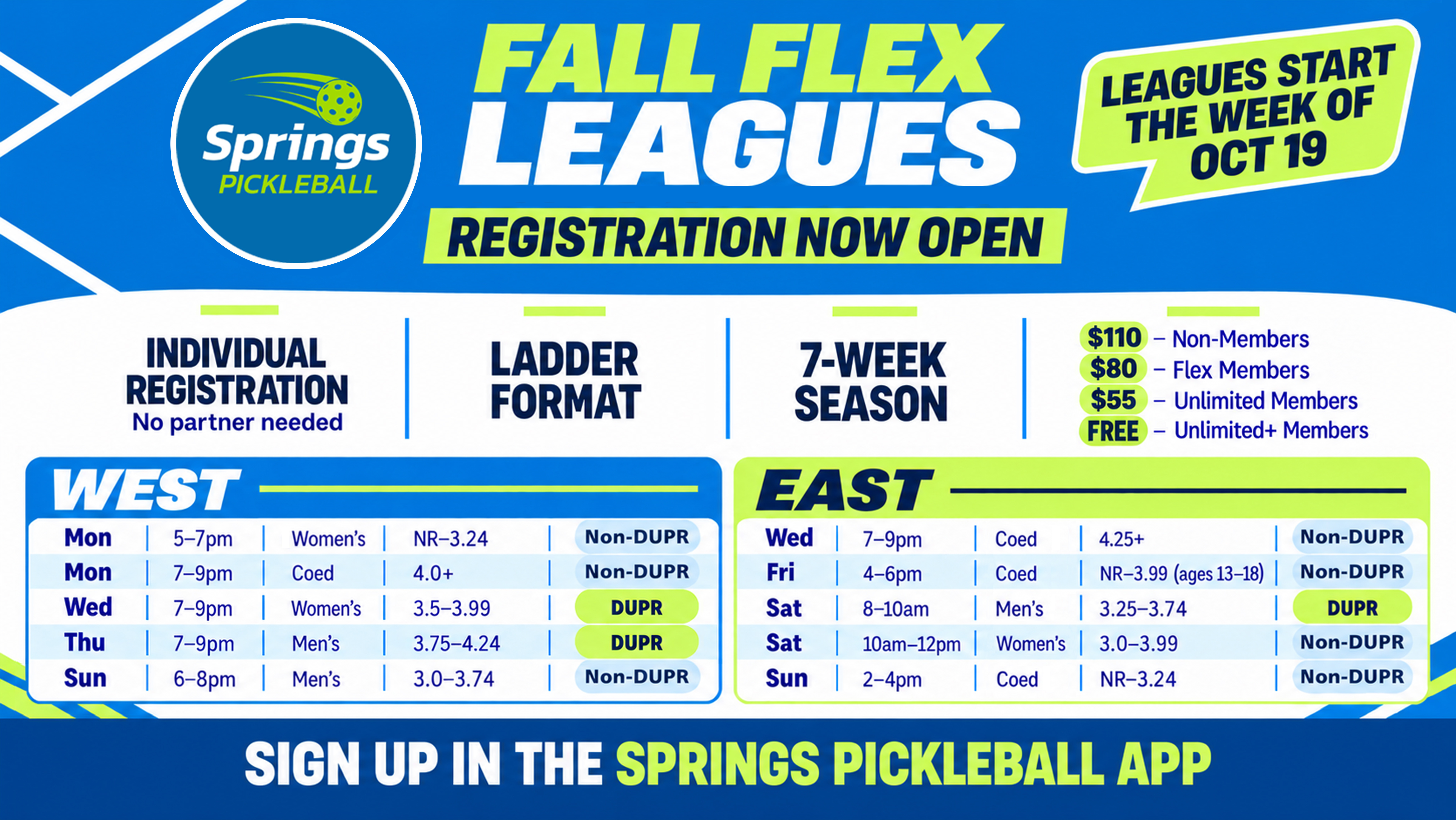 Fall Flex Leagues schedule for Springs Pickleball West and East