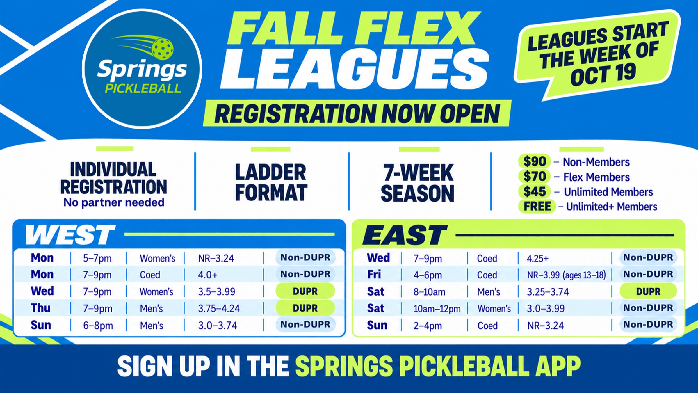 Fall Flex Leagues schedule for Springs Pickleball West and East
