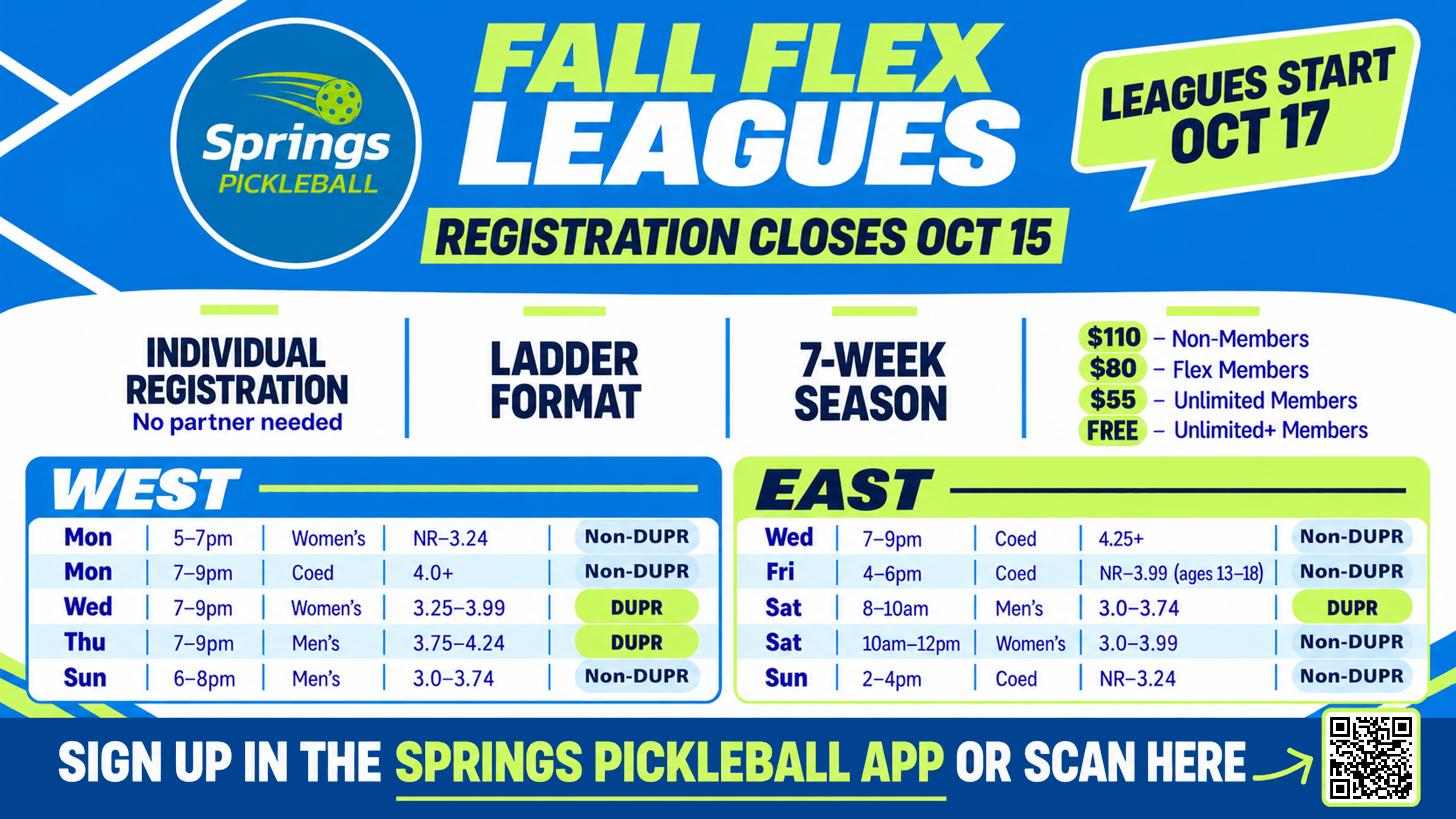 Fall Flex Leagues start October 17, with registration closing October 15. The 7-week ladder season has five divisions each at West and East, with individual registration and membership-based pricing.