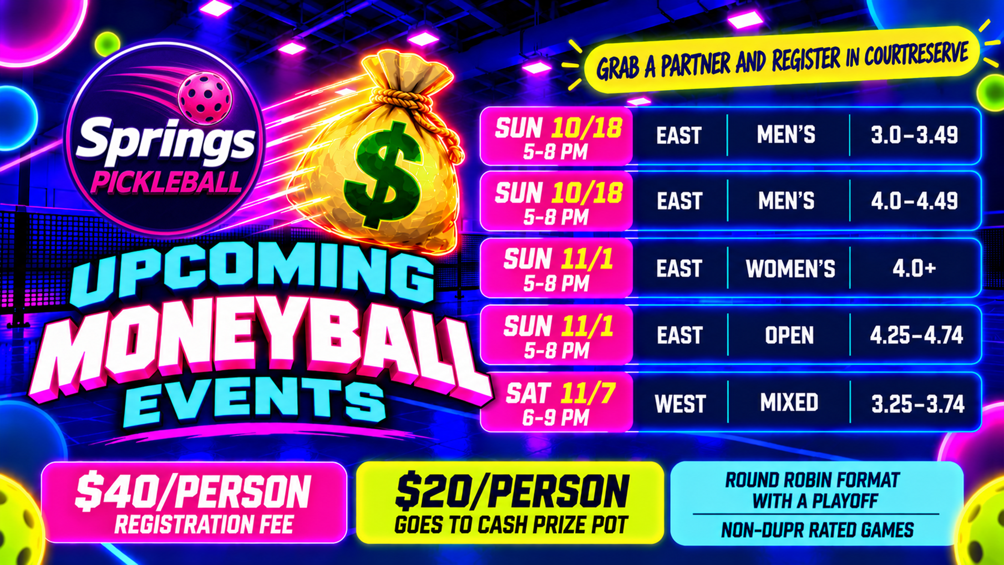 Upcoming Moneyball events schedule at Springs Pickleball East and West