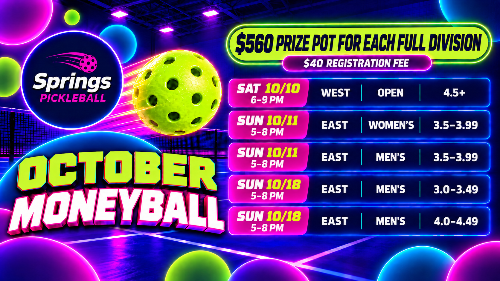 October Moneyball tournament schedule at Springs Pickleball East and West