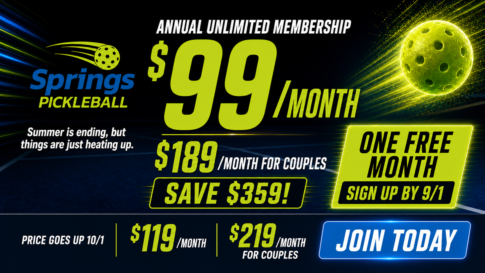 Annual Unlimited Membership: $99/month, $189/month for couples